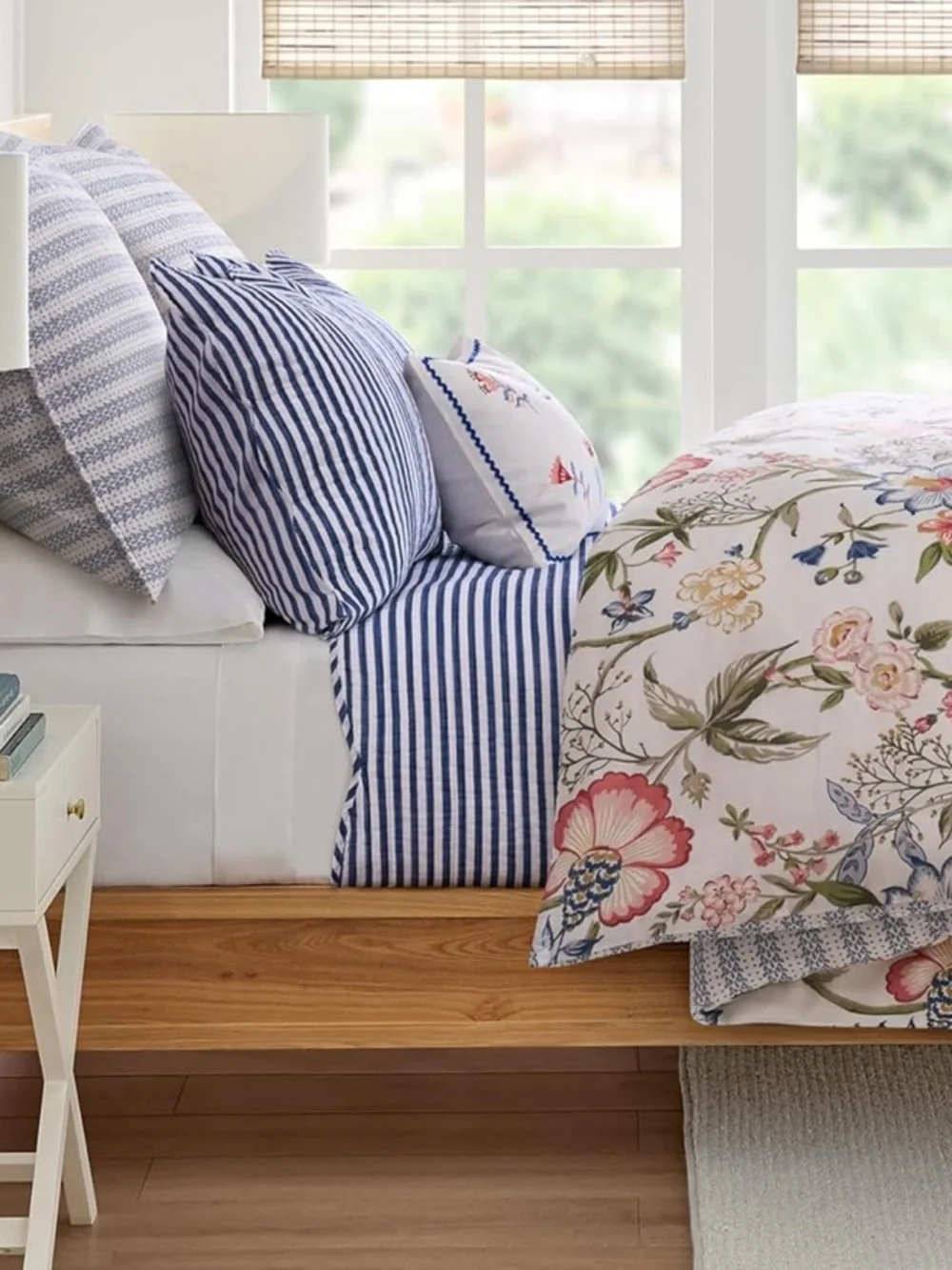 🆕 PB Style Navy Blue White Striped Cotton Quilt Coverlet Scalloped Trim Set NWT